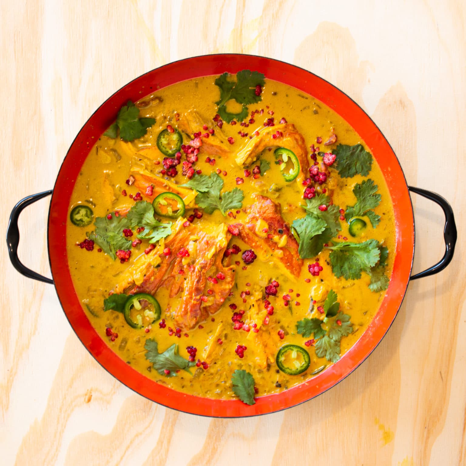 Serve with cilantro and wineberries